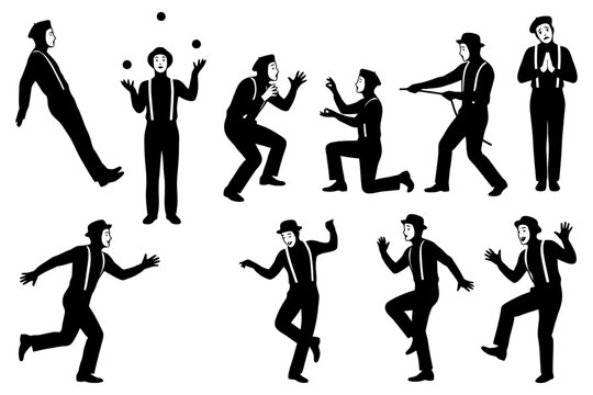 Silhouettes of male mime performance in various dynamic poses.