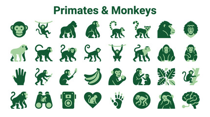 Collection of primate and monkey icons representing various species and activities in a green color palette © Iconique Studio