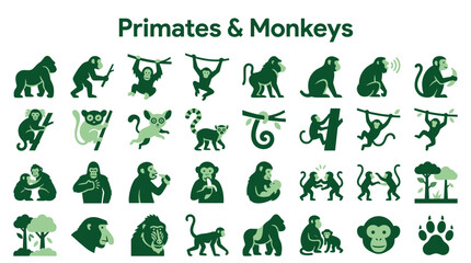 Collection of primate and monkey icons and illustrations showcasing diverse species and actions in green tones © Iconique Studio