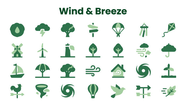 Collection of wind and breeze icons representing weather phenomena meteorological events natural forces and environmental elements in a green color palette