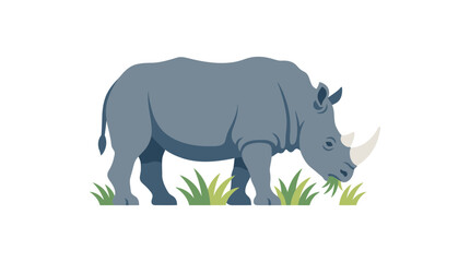 Gray Rhinoceros Grazing on Green Grass, Flat Illustration, White Background © Tid