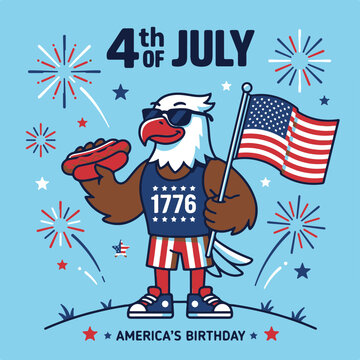 Eagle with Sunglasses and Hot Dog Celebrates America Birthday