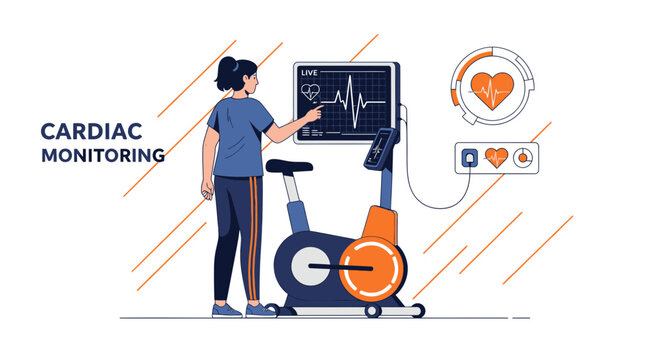 Woman Exercising on Stationary Bike with Cardiac Monitoring Display