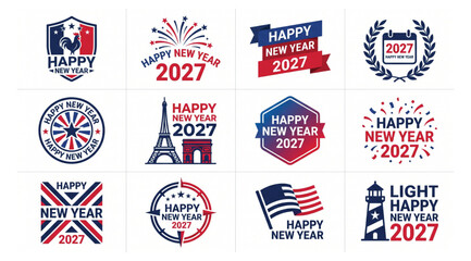 Collection of happy new year 2027 icons labels and symbols with eiffel tower celebration illustration landmark fireworks calendar lighthouse greeting seasonal creative typography © Shaon