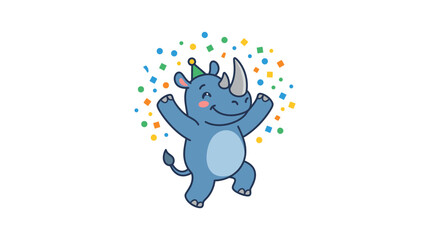 Cute cartoon rhino celebrating with confetti and party hat, joyful animal illustration © Tid