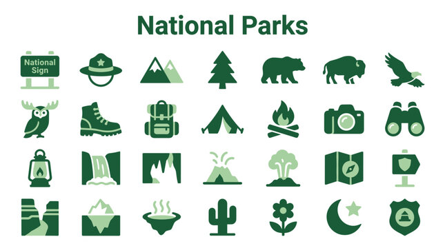 Collection of National Park Icons and Symbols Representing Nature Wildlife Adventure and Outdoor Activities