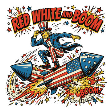 Uncle Sam Rides Rocket Firework Celebrating America Boom Explosion