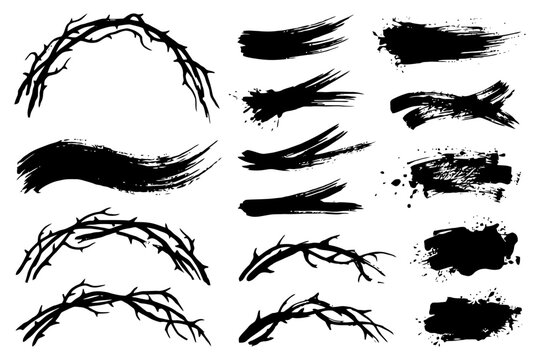 Black ink brush strokes and thorn vectors on white background.