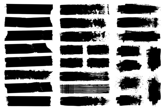 Vector set of black grunge paint brush strokes isolated on white background.