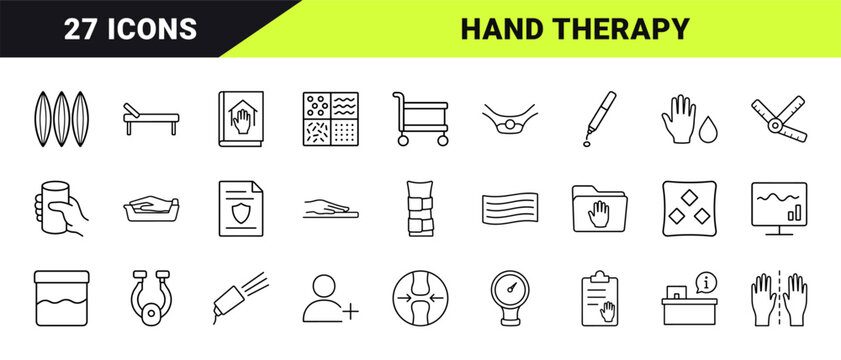 Hand therapy clinic line icon set. Vector pictograms of rehabilitation, orthopedic assessment, clinical upper extremity, and physical therapy elements, thin linear illustration.