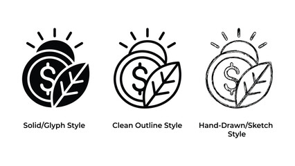 Fototapeta premium Travel Budget and Surfing Vacation Icon Set Featuring Surfboard Dollar Coin and Sun 