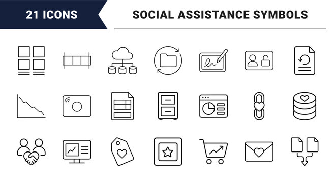 Community recovery support line icon set. Vector pictograms of rehabilitation, non profit, social assistance, and crisis relief elements, thin linear illustration.
