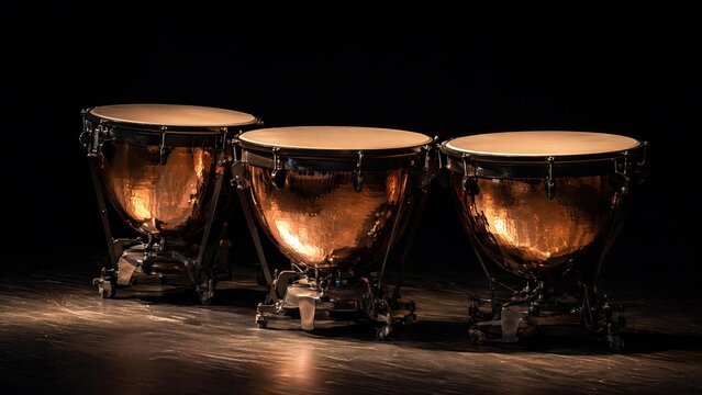 timpani. Three timpani drums with polished copper bowls reflecting light on a dark stage. event programs, museum guides, designed for cultural heritage projects and event programs.