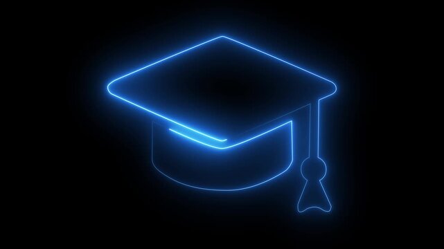 Bright blue glowing graduation cap icon made of neon light lines on a dark black background representing academic achievement and success for students graduating from school university or college