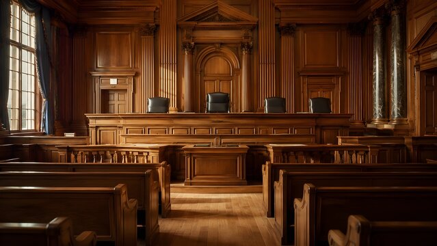 Empty classic courtroom interior with wood paneling and a judge's bench.