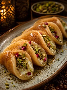 Traditional Middle Eastern Qatayef Asafiri stuffed with cream and pistachios.