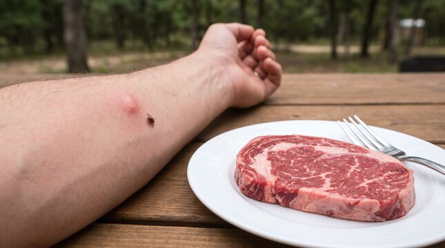 Lone star tick bites cause red bumps on skin, linking to alpha-gal syndrome allergy, conceptualized with a raw beef steak outdoors.