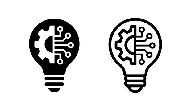 Innovation and engineering concept icon with light bulb, gear, and circuit board in solid and outline, for smart solutions.