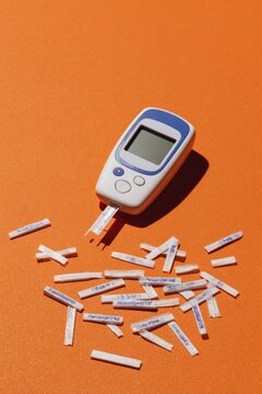Diabetes monitoring device with scattered lancets on orange background.