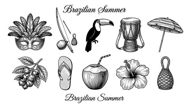 Brazilian Summer Icons Collection in Hand Drawn Engraving Style Featuring Toucan Carnival Mask Coconut Hibiscus Berimbau and Atabaque Drum