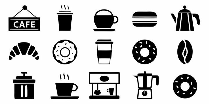 Caf And Beverage Icons Black And White Silhouette Set