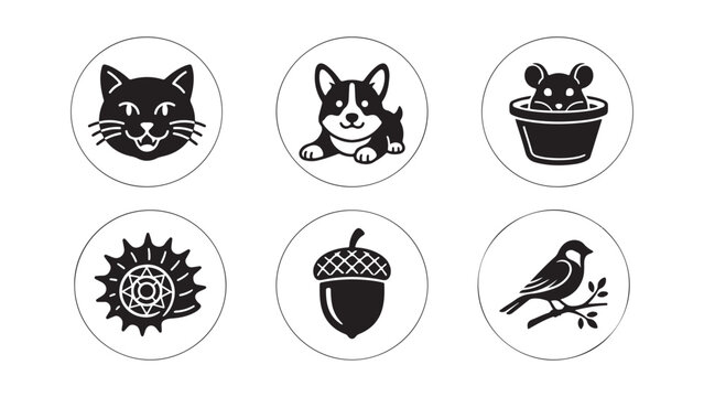Set of Minimalist Animal and Nature Icons in Circles