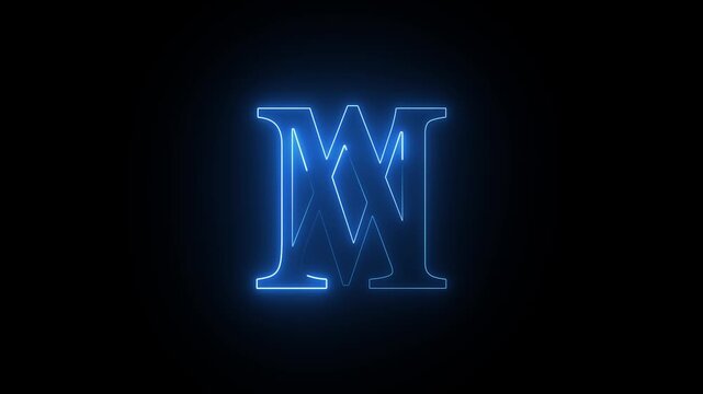 Blue neon monogram logo animation with letters m and w glowing in dark