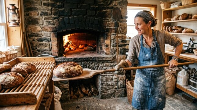 A woman in an apron and hat, baking bread in a stone oven with a wooden paddle, surrounded by bread loaves and a basket of bread on a wooden shelf.