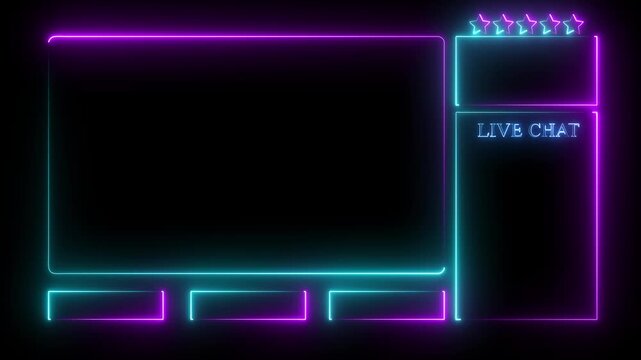 Neon glowing gaming stream overlay frame with purple and blue light borders featuring a live chat box and social media icons for professional video content creators on dark background