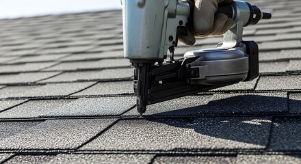 Fototapeta premium Roofer Using Pneumatic Nail Gun on Asphalt Shingles