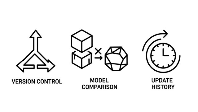Set of software development process icons for version control model comparison update history with comparison software development repository iteration management workflow technology technical