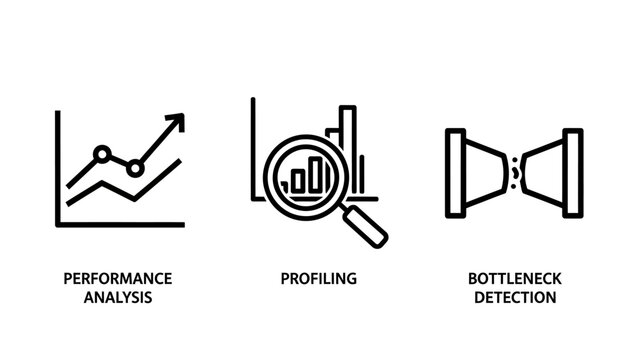 Performance analysis software profiling bottleneck detection line icons for technical diagnostics with performance analysis profiling bottleneck detection software optimization technical