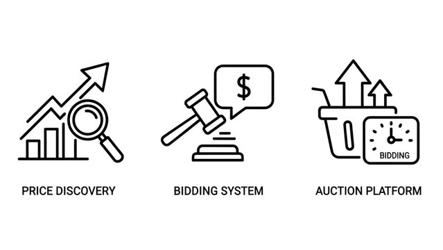 Set of price discovery bidding system and auction platform icons with discovery platform magnifying shopping business commerce analysis investment transaction strategy management financial