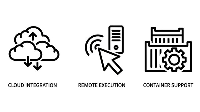Cloud computing remote execution and container support icons set with computing execution container integration software infrastructure virtualization development technology deployment