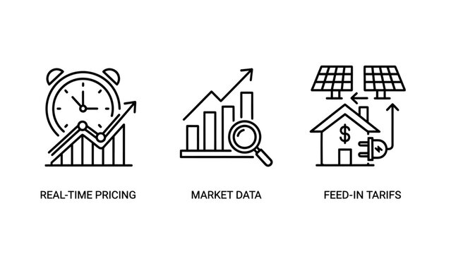 Real-time market data pricing and solar power feed-in tariffs icons with analysis business electricity renewable investment magnifying research management sustainable technology commercial