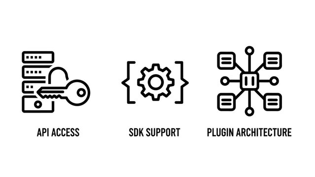 Api access sdk support and plugin architecture software icons with architecture software development database connection integration technology framework programming interface configuration