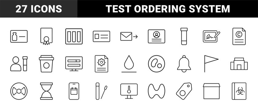 Laboratory test ordering line icon set. Vector pictograms of diagnostic requisition, specimen processing, clinical reporting, and medical billing elements, thin linear illustration.