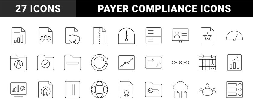 Payer contract review line icon set. Vector pictograms of healthcare compliance, insurance reimbursement, legal negotiation, and medical billing elements, thin linear illustration.