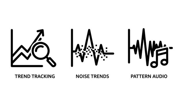 Data analysis icons set for trend tracking noise trends and pattern audio with tracking analysis visualization statistics information frequency detection research patterns waveform behavior