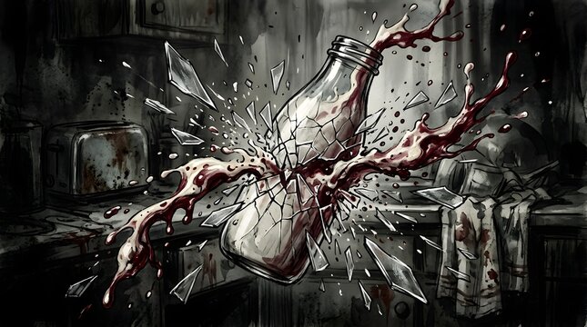 A broken glass bottle explodes with red liquid in a dark kitchen
