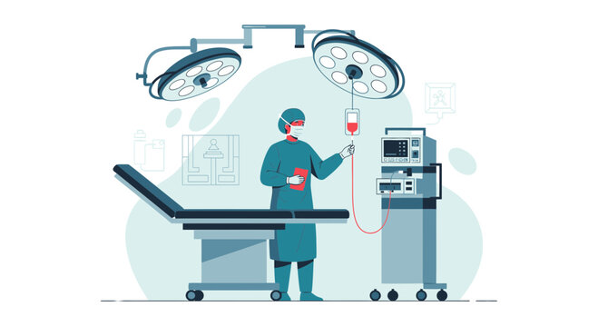 Surgeon in Operating Room with Medical Equipment and IV Drip
