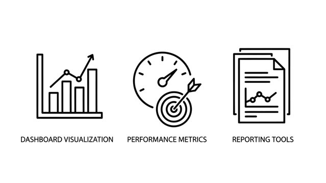 Performance metrics and business intelligence reporting tools icon set for dashboard visualization with performance dashboard visualization reporting business intelligence analysis analytics