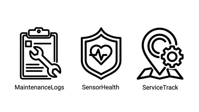 Industrial maintenance service and sensor health tracking icons with maintenance tracking clipboard heartbeat location industrial diagnostic engineering technical performance machinery