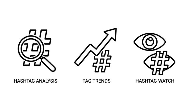 Hashtag analysis trends and watch social media monitoring icons with analysis monitoring magnifying marketing branding technology communication strategy internet engagement tracking