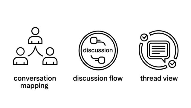Communication workflow and customer feedback icons featuring conversation mapping discussion flow and thread view communication workflow conversation discussion feedback customer dialogue