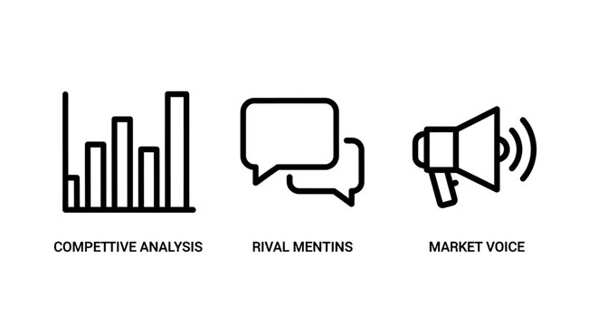 Competitive market intelligence icons representing comparative analysis rival mentions and market voice with competitive intelligence analysis mentions business megaphone strategy comparison