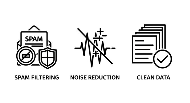 Spam filtering noise reduction clean data icons with security reduction document information processing analysis database internet illustration business technology management optimization