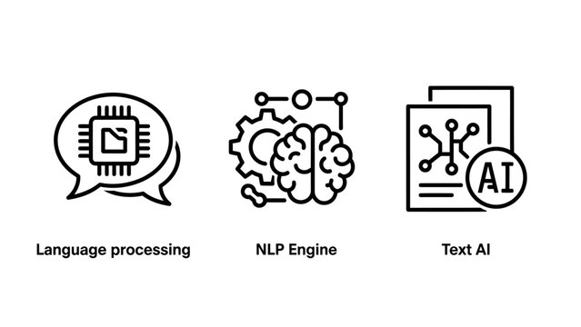 Artificial intelligence and natural language processing icons for machine learning and text AI systems with artificial intelligence language processing learning technology automation computing
