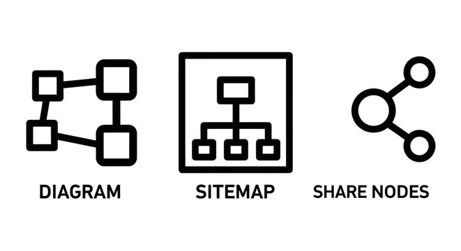 Diagram sitemap and share node network connection icons with connection structure hierarchy interface technology infographic flowchart organization planning architecture communication