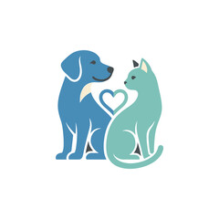 Obraz premium Blue pet silhouettes with heart veterinary symbol.